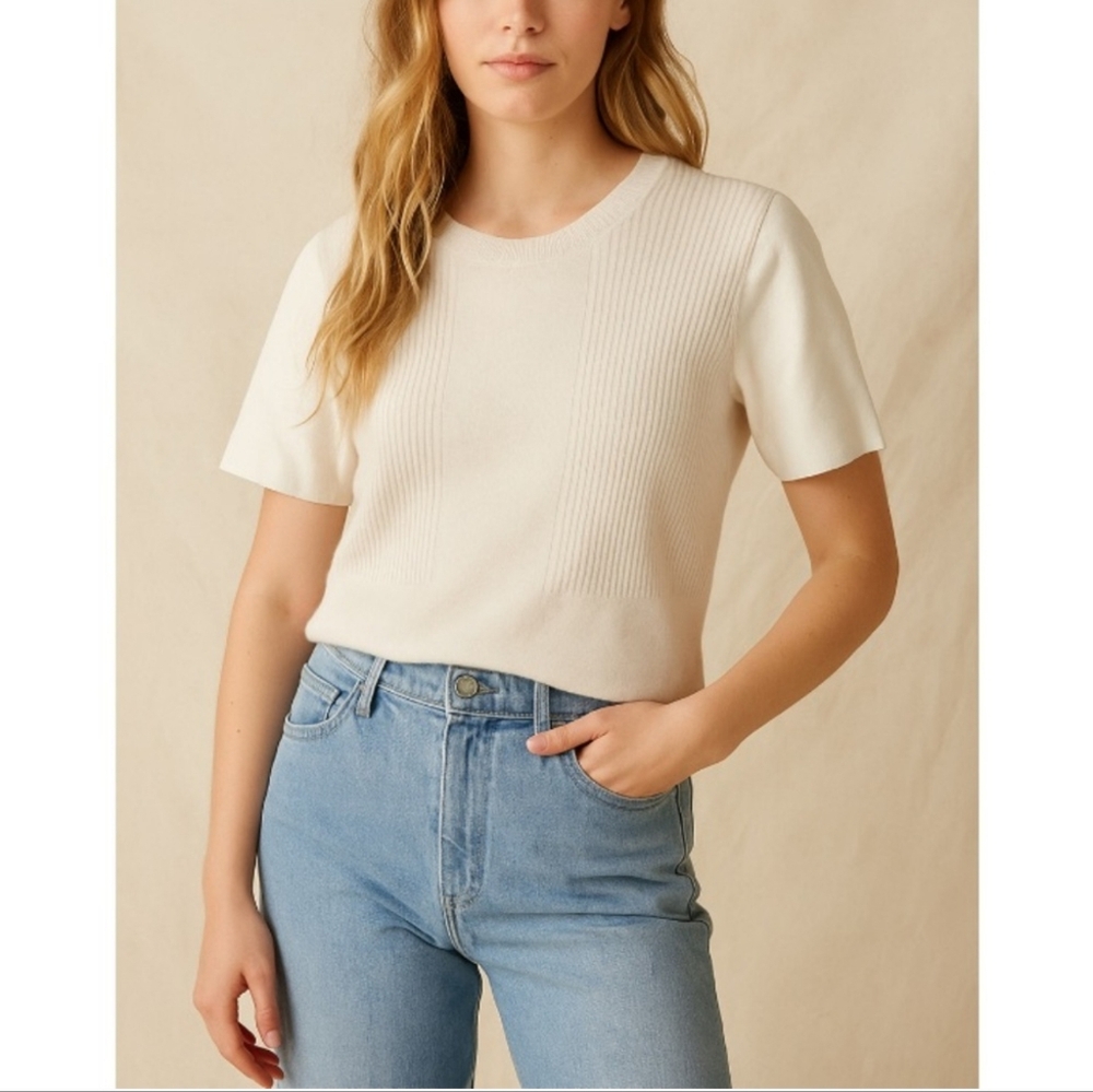 VINCE lamb leather short sleeve silk and wool sweater top